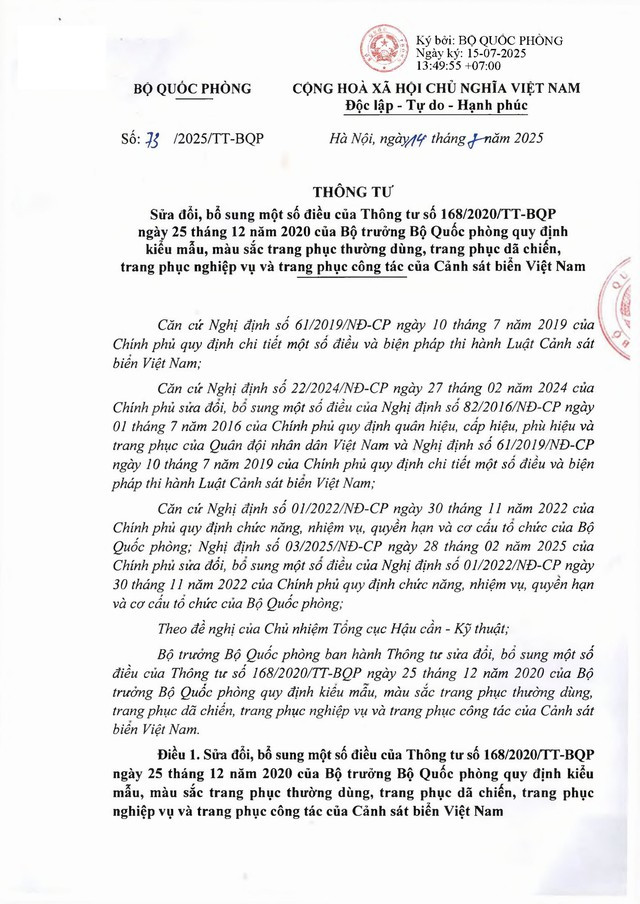 Thông tư 73/2025/TT-BQP: Sửa đổi, bổ sung quy định về trang phục của Cảnh sát biển Việt Nam- Ảnh 1.