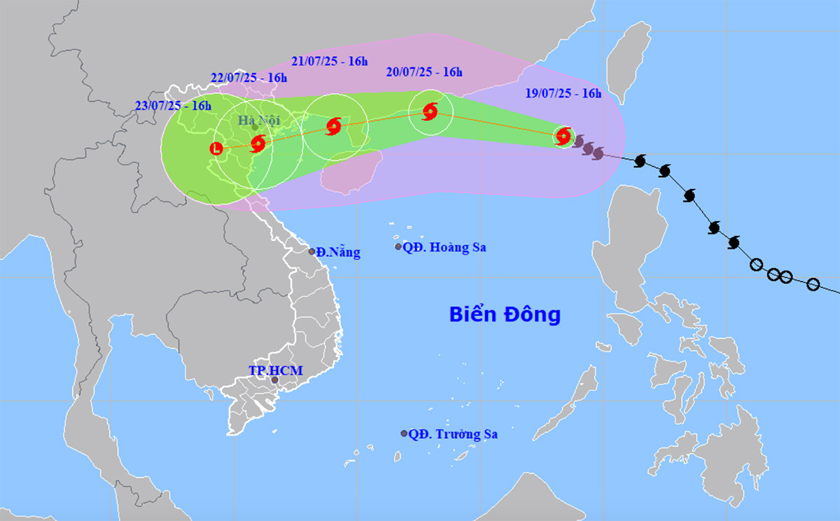 Dự báo đường đi, khu vực ảnh hưởng của bão số 3 Wipha năm 2025. (Nguồn: NCHMF)