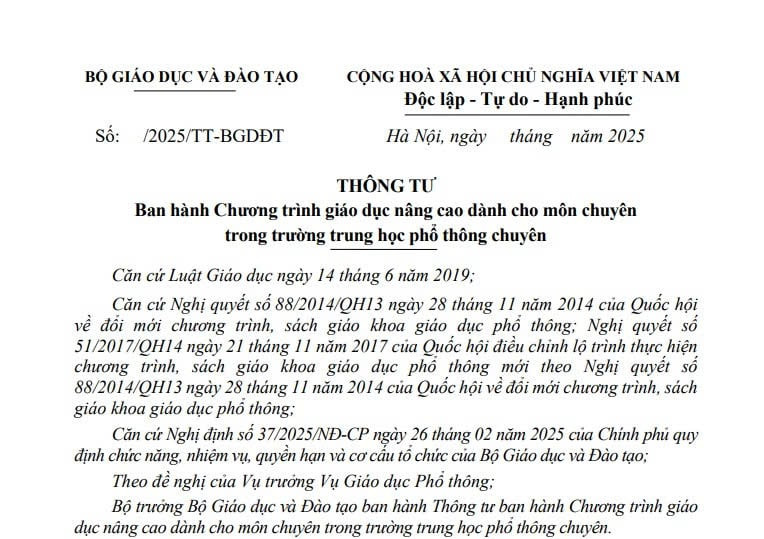 Cập nhật dự thảo Thông tư Chương trình giáo dục nâng cao các môn chuyên dành cho trường THPT chuyên 