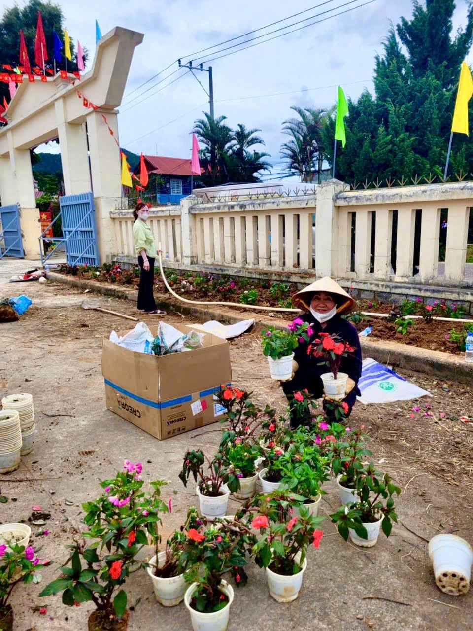 Chuẩn bị chậu hoa và sắp xếp cây cảnh để trang trí chào mừng Đại hội