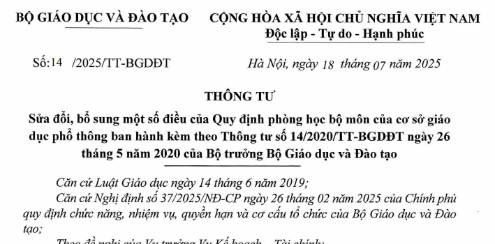 Đã có Thông tư 14/2025/TT-BGDĐT sửa đổi quy định về phòng học bộ môn của cơ sở giáo dục phổ thông