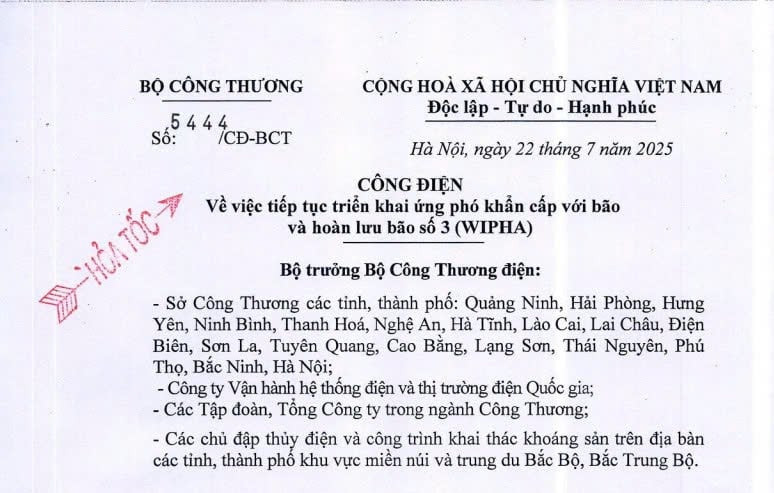 Công điện 5444/CĐ-BCT: Tiếp tục triển khai ứng phó khẩn cấp với bão và hoàn lưu bão số 3 (WIPHA)