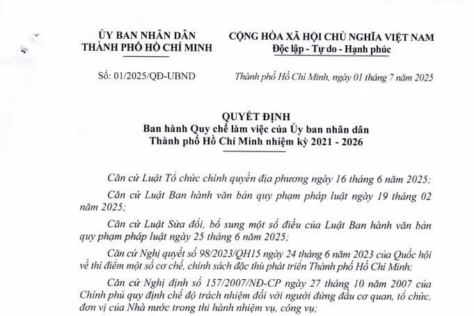 Quy chế làm việc của UBND TPHCM nhiệm kỳ 2021 – 2026 (Quyết định 01/2025/QĐ-UBND)