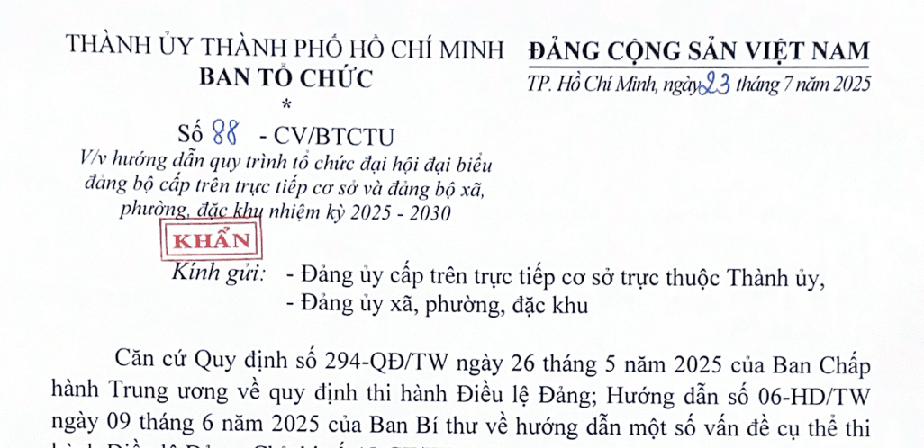 Công văn 88: Chỉ đạo khẩn về tổ chức đại hội đại biểu đảng bộ các cấp nhiệm kỳ 202-2030 tại HCM
