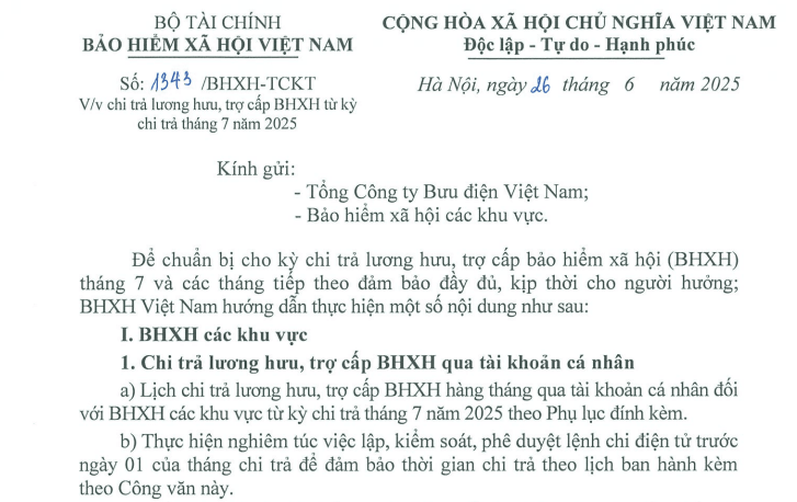 Công văn 1343: Chỉ đạo chi trả lương hưu từ tháng 7 năm 2025 ở 34 tỉnh thành