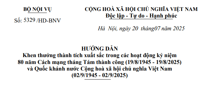 Hướng dẫn khen thưởng thành tích xuất sắc trong các hoạt động kỷ niệm theo Hướng dẫn 5329/HD-BNV