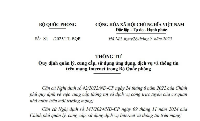 Đã có Thông tư 81/2025/TT-BQP quy định sử dụng ứng dụng và thông tin trên mạng Internet trong Bộ Quốc phòng 