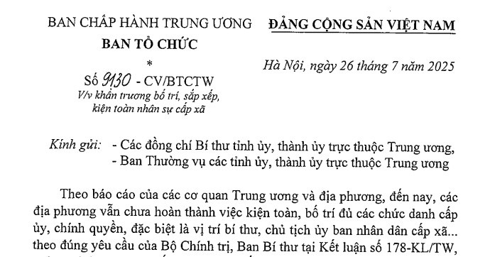 Đã có Công văn 9130-CV/BTCTW về khẩn trương bố trí kiện toàn nhân sự cấp xã