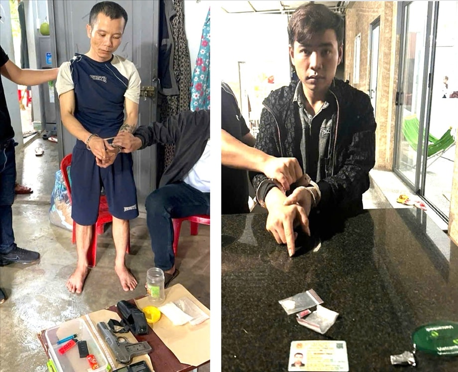 Các đối tượng: Vi Văn Chai và Võ Đình Khoa cùng tang vật.