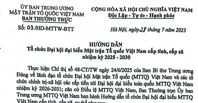 Đã có Hướng dẫn 03/HD-MTTW-BТТ về tổ chức Đại hội đại biểu Mặt trận Tổ quốc Việt Nam nhiệm kỳ 2025-2030