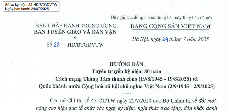 Đã có Hướng dẫn 22-HD/BTGDVTW Tuyên truyền kỷ niệm 80 năm Cách mạng Tháng Tám và Quốc khánh nước CHXHCN Việt Nam