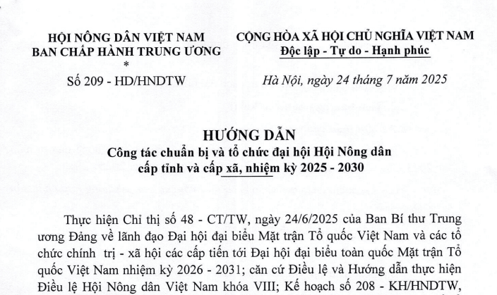 Đã có Hướng dẫn 209 về công tác tổ chức đại hội Hội Nông dân cấp tỉnh xã, nhiệm kỳ 2025-2030
