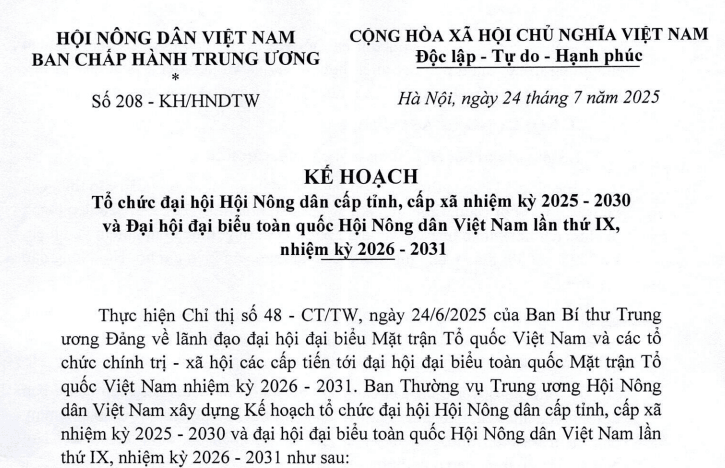 Kế hoạch tổ chức đại hội Hội Nông dân cấp tỉnh, cấp xã nhiệm kỳ 2025 - 2030