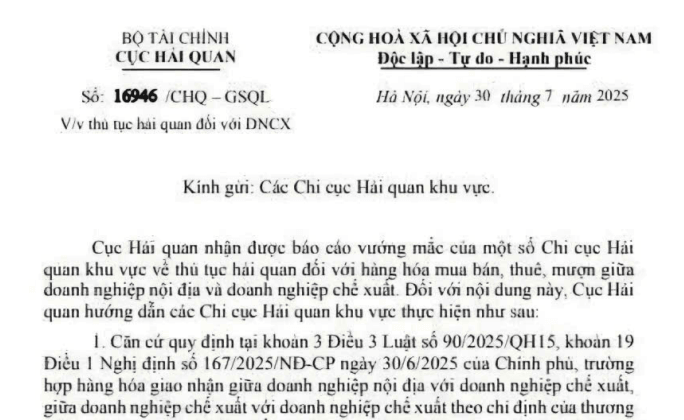 Công văn 16946: Hướng dẫn thủ tục hải quan đối với doanh nghiệp chế xuất
