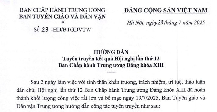 Đã có Hướng dẫn 23-HD/BTGDVTW tuyên truyền kết quả Hội nghị lần thứ 12