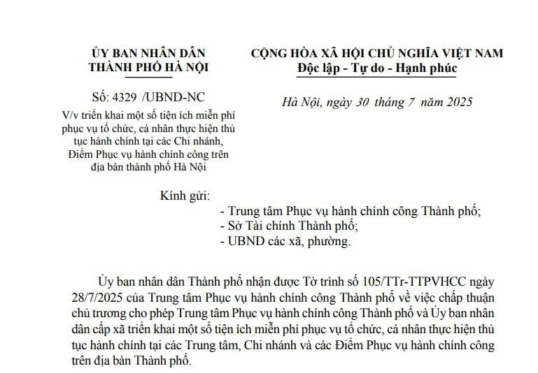Hà Nội: Các tiện ích miễn phí tại các Chi nhánh và Điểm Phục vụ hành chính công (Công văn 4329)