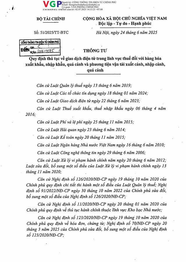 Thông tư 51/2025/TT-BTC quy định thủ tục giao dịch điện tử trong lĩnh vực thuế đối với hàng hóa xuất khẩu, nhập khẩu, quá cảnh...- Ảnh 2.