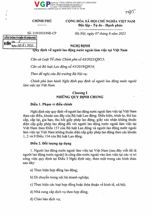 Nghị định số 219/2025/NĐ-CP quy định về người lao động nước ngoài làm việc tại Việt Nam- Ảnh 1.
