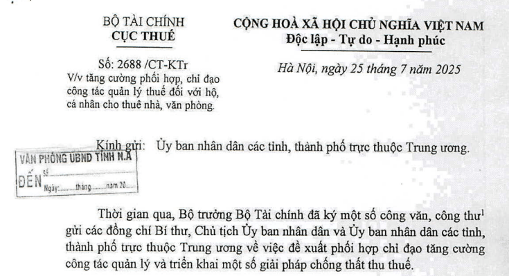 Công văn 2688: Chỉ đạo mới về quản lý thuế đối với hộ, cá nhân cho thuê nhà, văn phòng