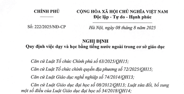 Đã có Nghị định 222/2025/NĐ-CP về dạy và học bằng tiếng nước ngoài trong cơ sở giáo dục