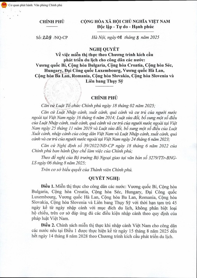 Nghị quyết 229/NQ-CP: Miễn thị thực theo Chương trình kích cầu phát triển du lịch cho công dân 12 nước- Ảnh 1.