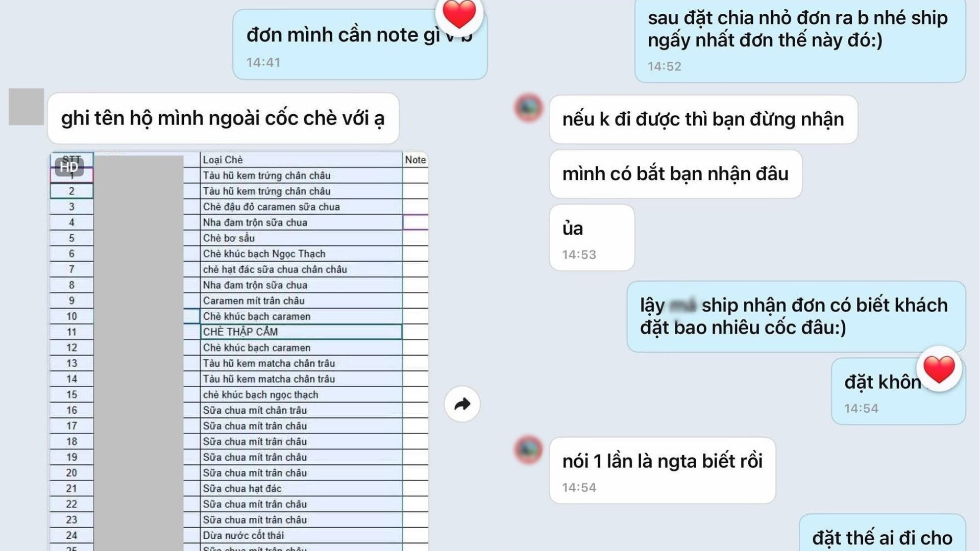 Hình ảnh tranh cãi đơn hàng 30 cốc chè được nam shipper đính kèm bài đăng.