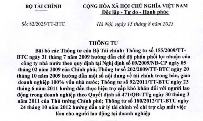 Đã có Thông tư 82/2025/TT-BTC bãi bỏ các Thông tư về tài chính doanh nghiệp
