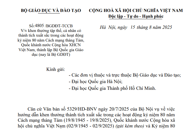 Công văn về khen thưởng tập thể, cá nhân tiêu biểu trong hoạt động kỷ niệm 80 năm Quốc khánh của Bộ Giáo dục
