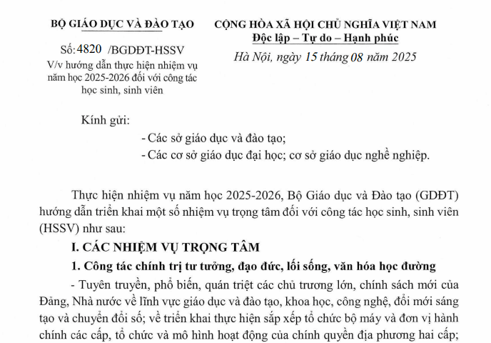 Công văn hướng dẫn nhiệm vụ năm học 2025-2026 với công tác học sinh sinh viên