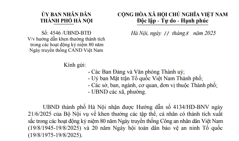 Công văn 4546: Hướng dẫn khen thưởng thành tích trong kỷ niệm 80 năm Ngày truyền thống CAND Việt Nam
