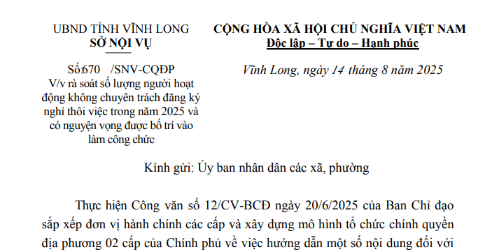 Toàn văn Công văn 670/SNV-CQĐP rà soát cán bộ không chuyên trách nghỉ thôi việc trong năm 2025 tại Vĩnh Long