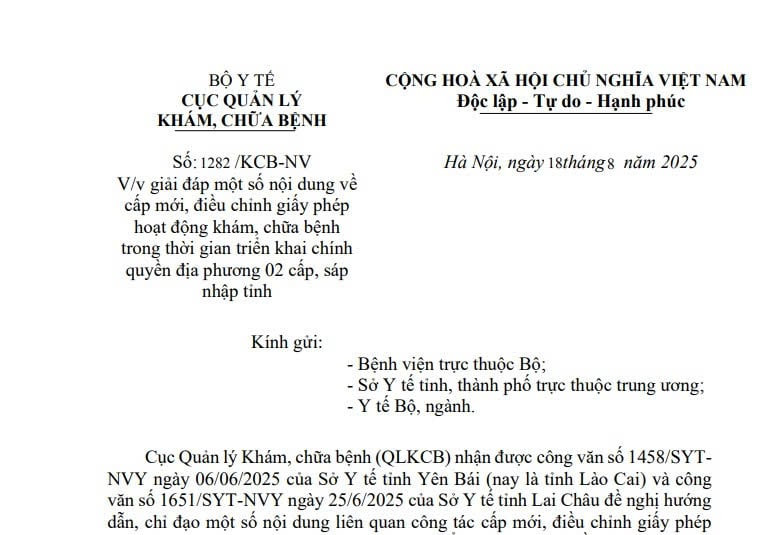Công văn 1282: Giải đáp về cấp giấy phép khám chữa bệnh khi triển khai chính quyền địa phương 02 cấp và sáp nhập tỉnh thành