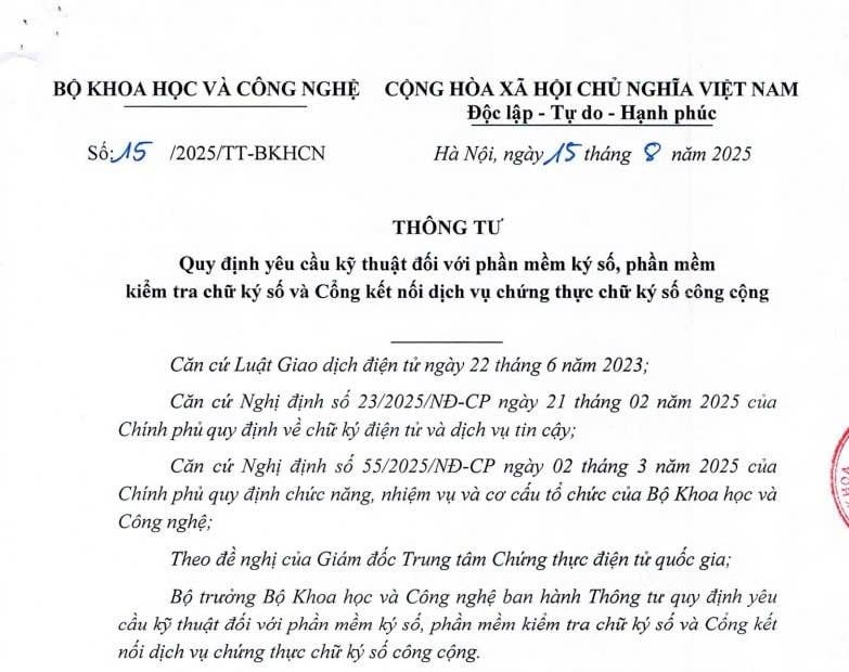 Đã có Thông tư 15/2025/TT-BKHCN về yêu cầu kỹ thuật với phần mềm ký số, phần mềm kiểm tra chữ ký số từ 15/8/2025 