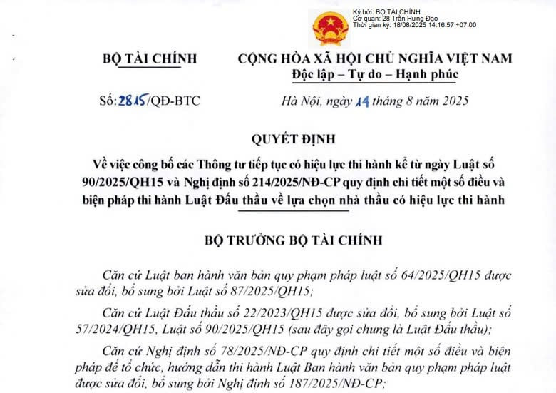 Quyết định 2815/QĐ-BTC: Công bố 02 Thông tư về đấu thầu tiếp tục có hiệu lực thi hành 
