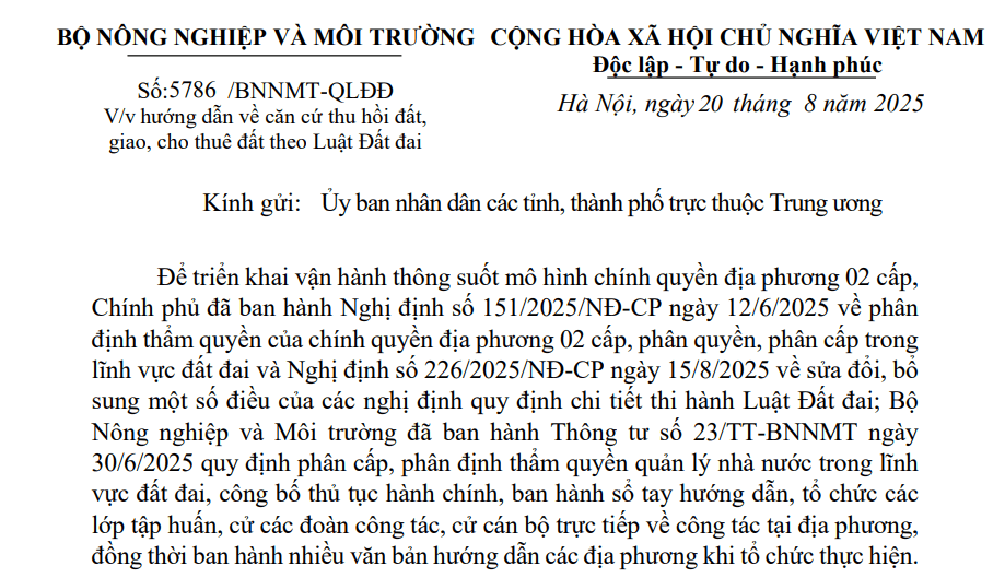 Đã có Công văn 5786/BNNMT-QLĐĐ hướng dẫn căn cứ thu hồi đất, giao, cho thuê đất theo Luật Đất đai