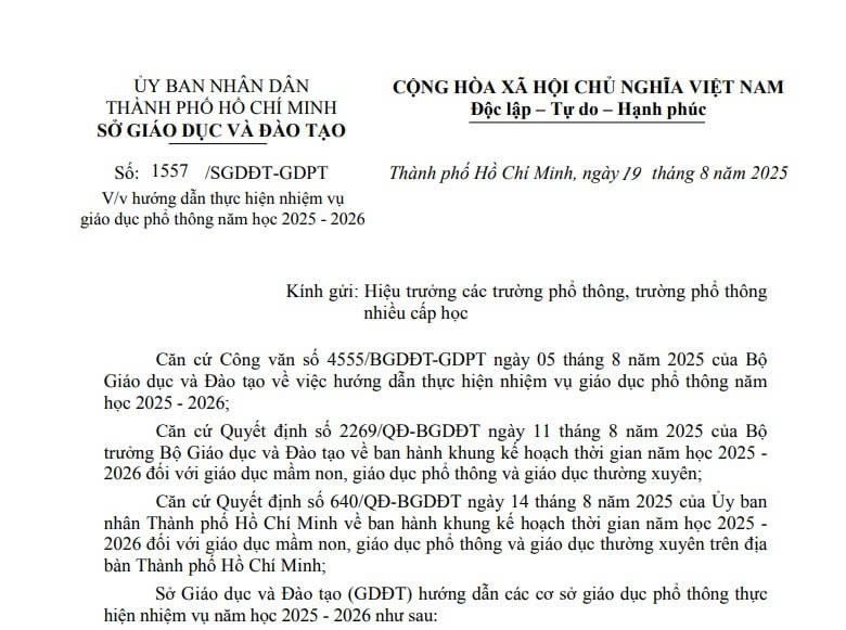 Công văn 1557: Hướng dẫn thực hiện nhiệm vụ giáo dục phổ thông năm học 2025-2026 tại TPHCM