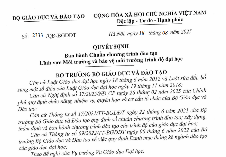 Tải về Chuẩn chương trình đào tạo lĩnh vực môi trường và bảo vệ môi trường trình độ đại học
