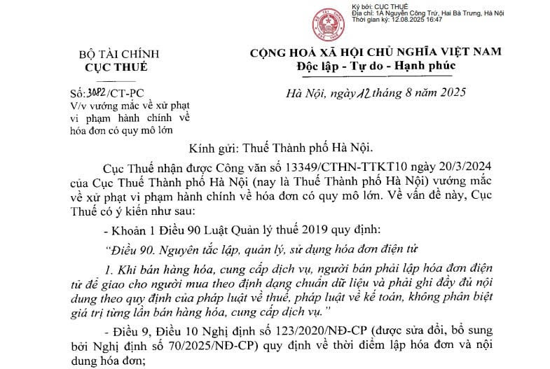 Công văn 3082: Giải đáp vướng mắc về xử phạt vi phạm hành chính về hoá đơn có quy mô lớn