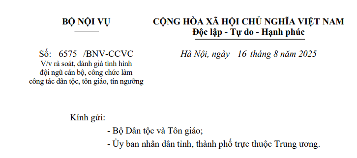 Đã có Công văn 6575/BNV-CCVC về rà soát đánh giá cán bộ công chức làm công tác dân tộc tôn giáo tín ngưỡng