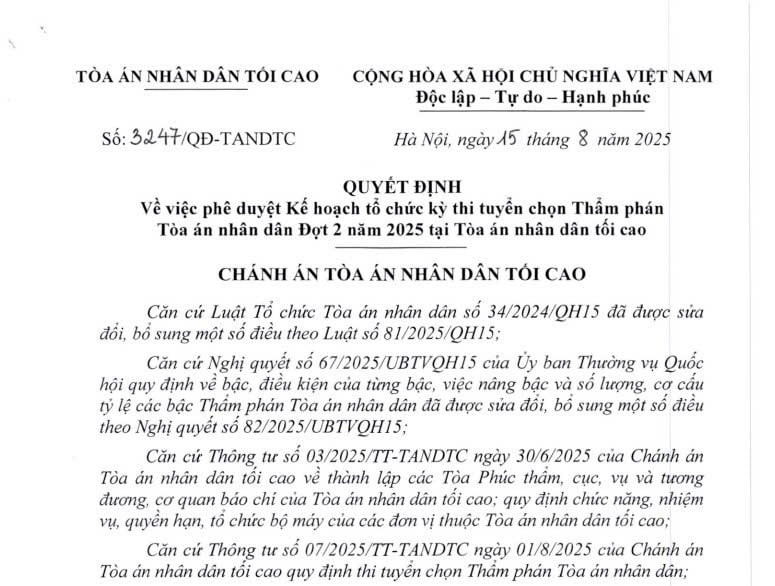 Kế hoạch tổ chức kỳ thi tuyển chọn Thẩm phán Tòa án nhân dân Đợt 2 năm 2025 (Quyết định 3247/QĐ-TANDTC)