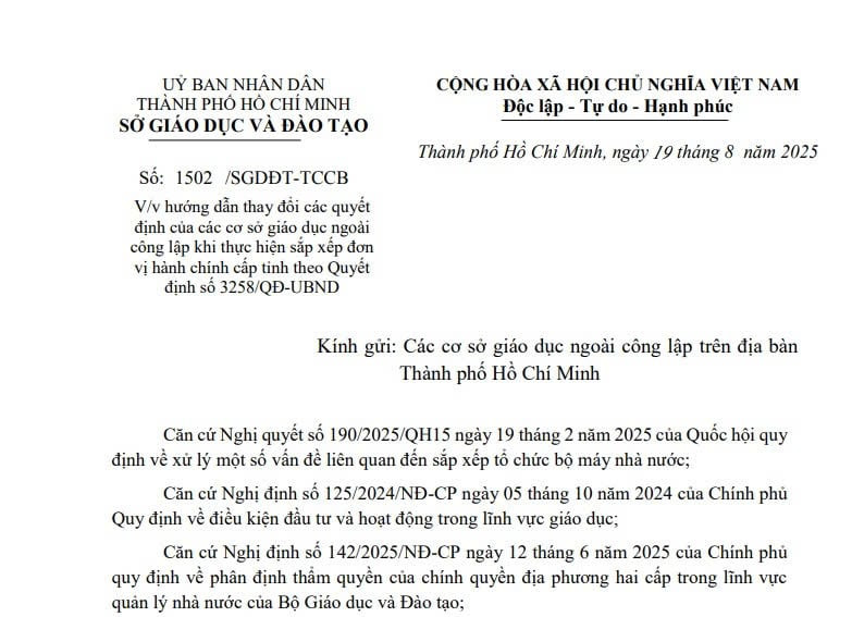 TPHCM: Hướng dẫn thay đổi các quyết định của cơ sở giáo dục ngoài công lập khi sắp xếp đơn vị hành chính cấp tỉnh