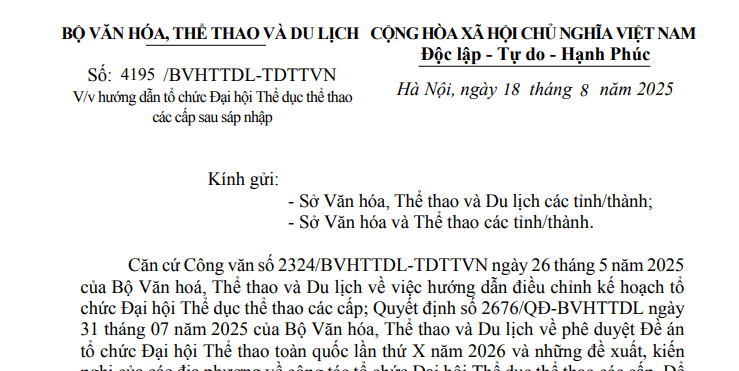 Công văn 4195: Hướng dẫn mới về tổ chức Đại hội Thể dục thể thao các cấp sau sáp nhập