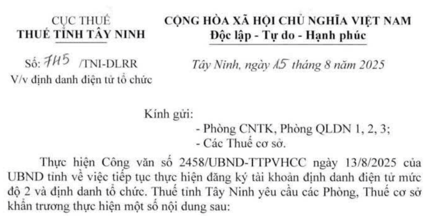 Công văn 745: Chỉ đạo mới về đăng ký tài khoản định danh điện từ mức độ 2 và định danh tổ chức tại Tây Ninh