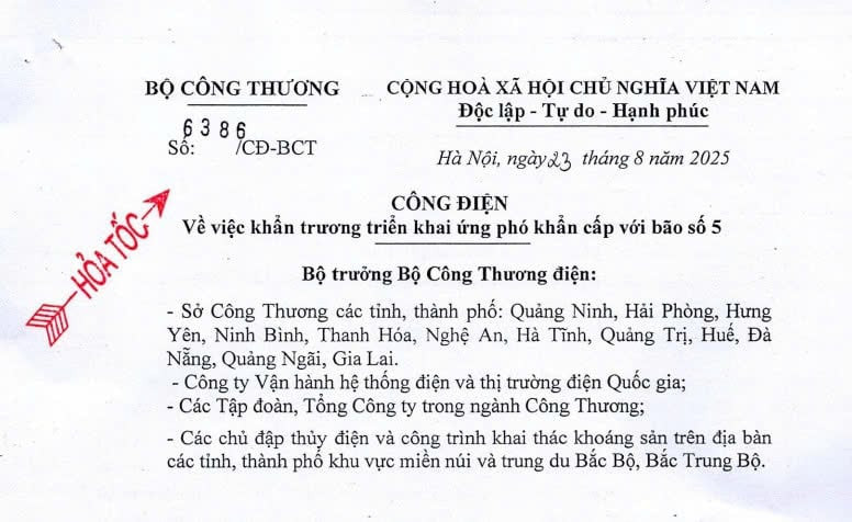 Công điện hỏa tốc khẩn trương triển khai ứng phó khẩn cấp với bão số 5 (bão Kajiki) của Bộ Công Thương 