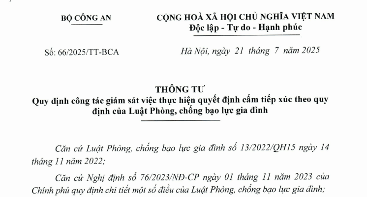 Đã có Thông tư 66/2025/TT-BCA hướng dẫn Luật Phòng chống bạo lực gia đình về giám sát quyết định cấm tiếp xúc