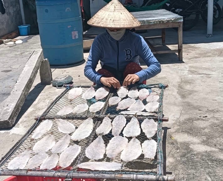 អ្នកស្រី Thanh បានឆ្លៀតយកប្រយោជន៍ពីអាកាសធាតុមានពន្លឺថ្ងៃដើម្បីសម្ងួតត្រី។