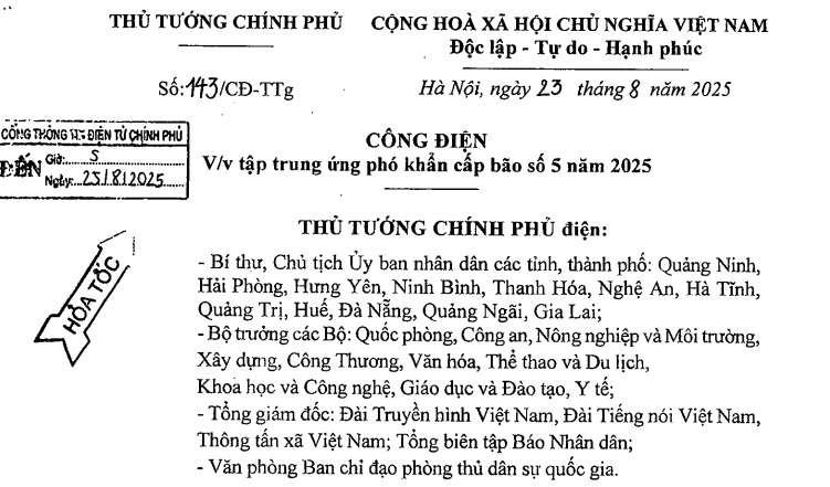 Công điện 143/CĐ-TTg: Tập trung ứng phó khẩn cấp bão số 5 năm 2025