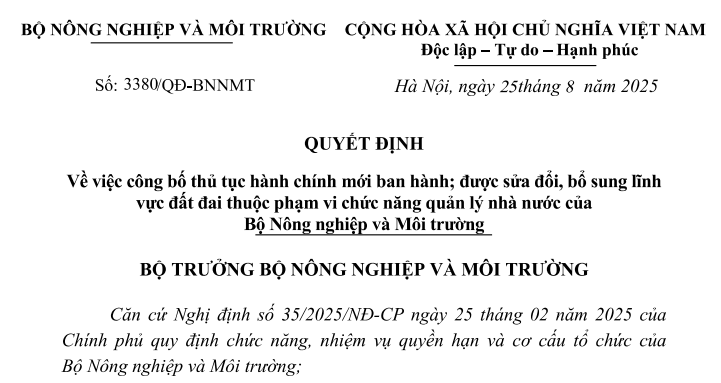 Đã có Quyết định 3380/QĐ-BNNMT sửa đổi thủ tục hành chính lĩnh vực đất đai từ 25/8/2025