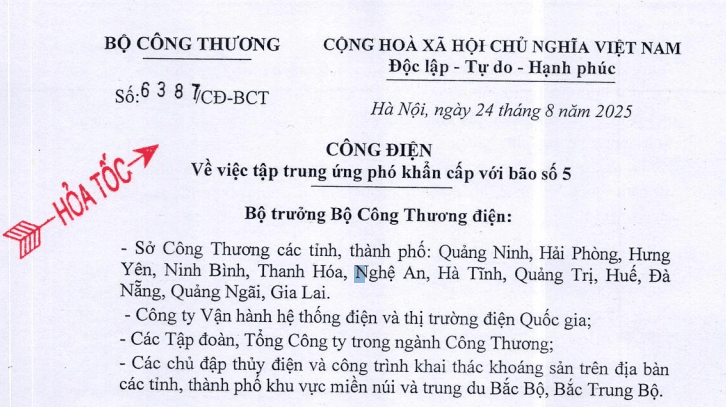 Công điện hỏa tốc về tập trung ứng phó khẩn cấp với bão số 5 của Bộ Công Thương (Công điện 6387)