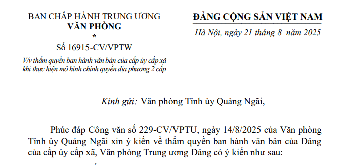 Toàn văn Công văn 16915-CV/VPTW về thẩm quyền ban hành văn bản của cấp ủy cấp xã khi thực hiện CQĐP 2 cấp